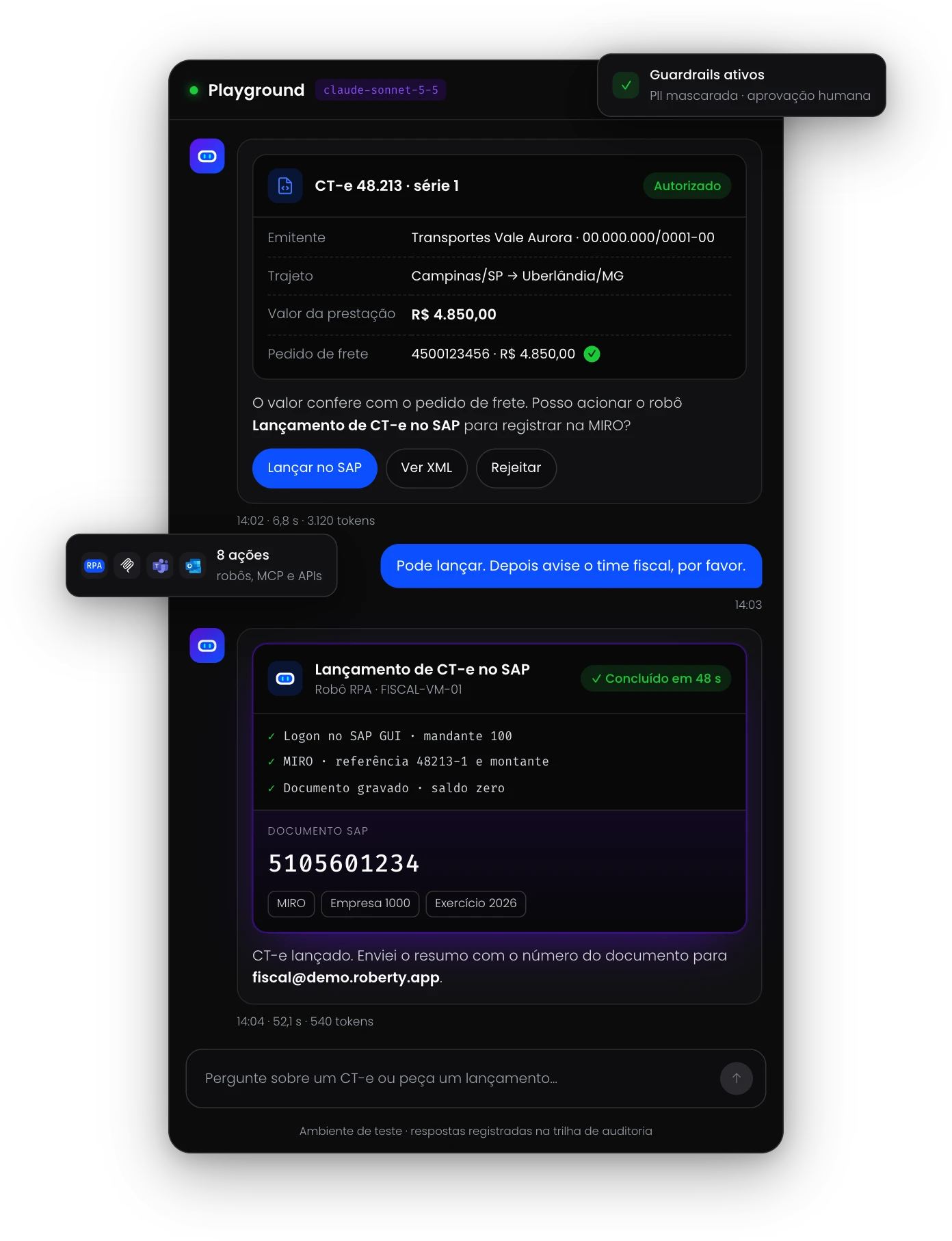 Playground de um agente de IA com componentes ricos: CT-e conferido, robô de RPA executado e documento lançado no SAP