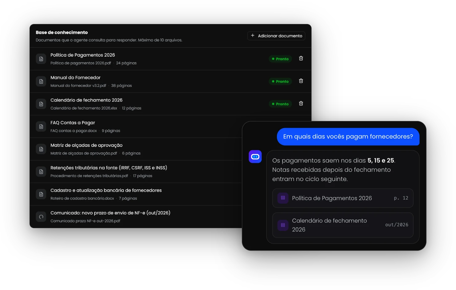 Base de conhecimento de um agente e uma resposta que cita os documentos de origem