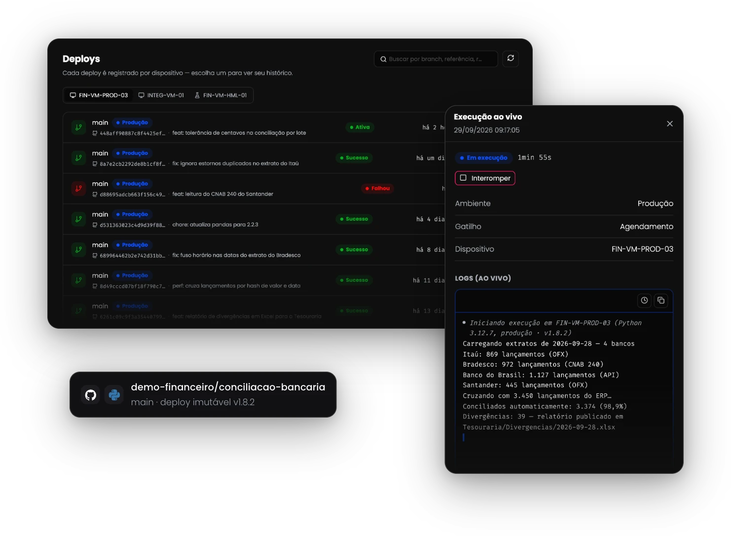 Code Project em Python: deploys imutáveis por dispositivo e uma execução ao vivo com logs