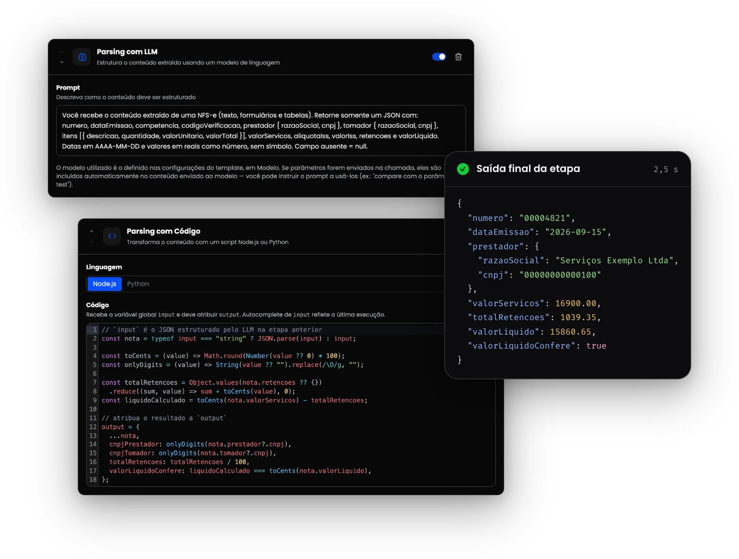 Pós-processamento do IDP: prompt de LLM, script em Node.js e o JSON final da etapa