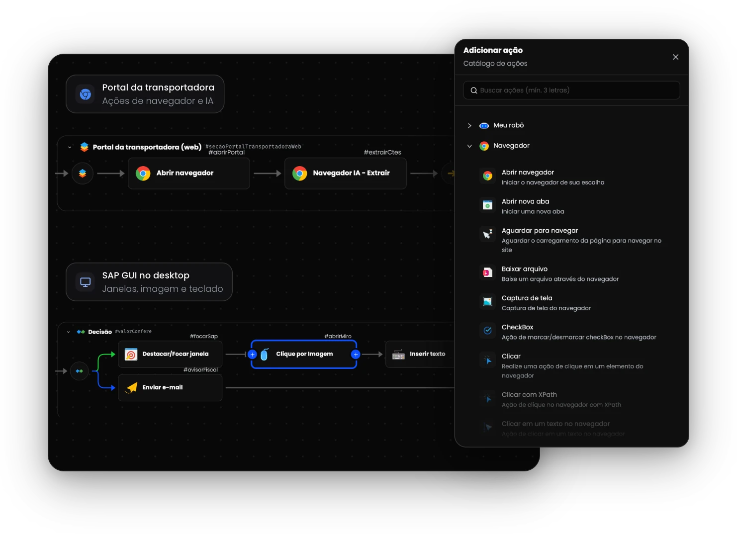 Fluxo com ações de navegador e de desktop no SAP GUI, ao lado do catálogo de ações